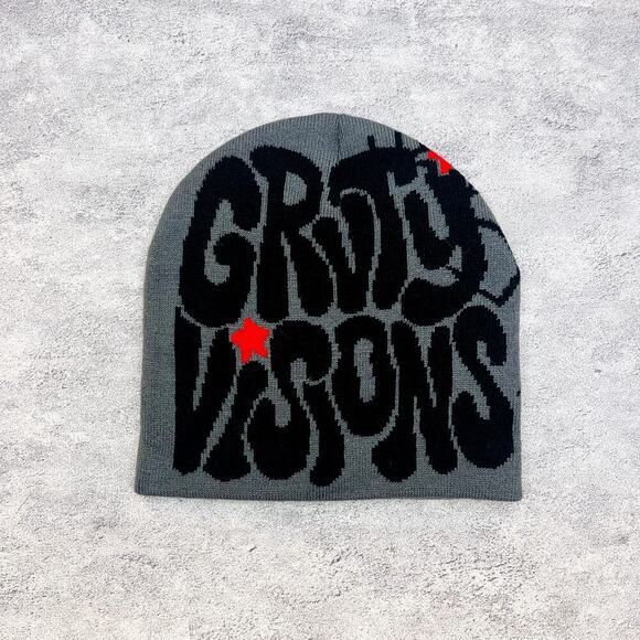 y2k 2000s grunge gothic spiderweb gray and black Grvty visions beanie - Picture 1 of 4